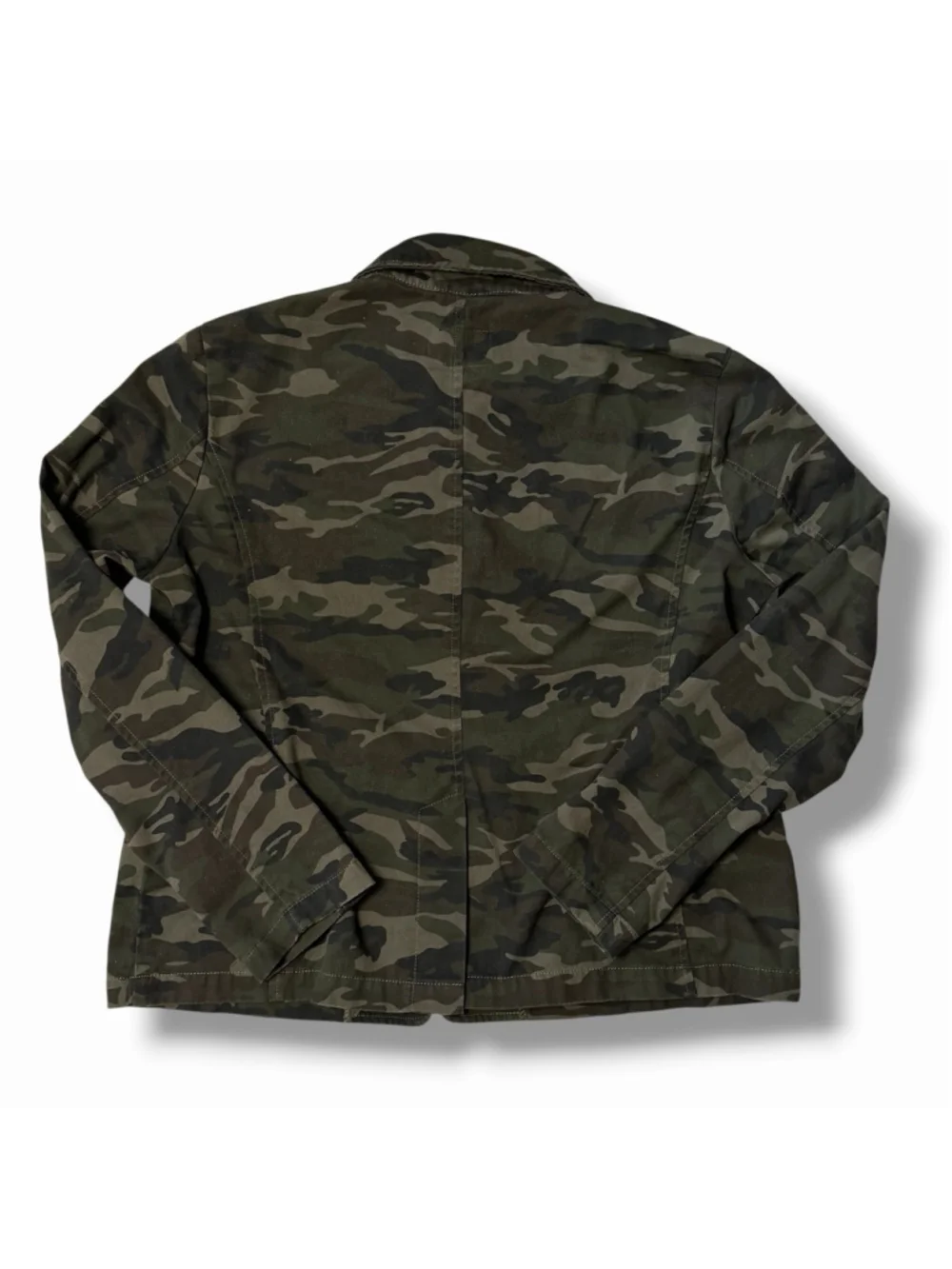 Driftwood LG Womens Green Camo Button Up Canvas Jacket Cotton Flap Pocket EUC